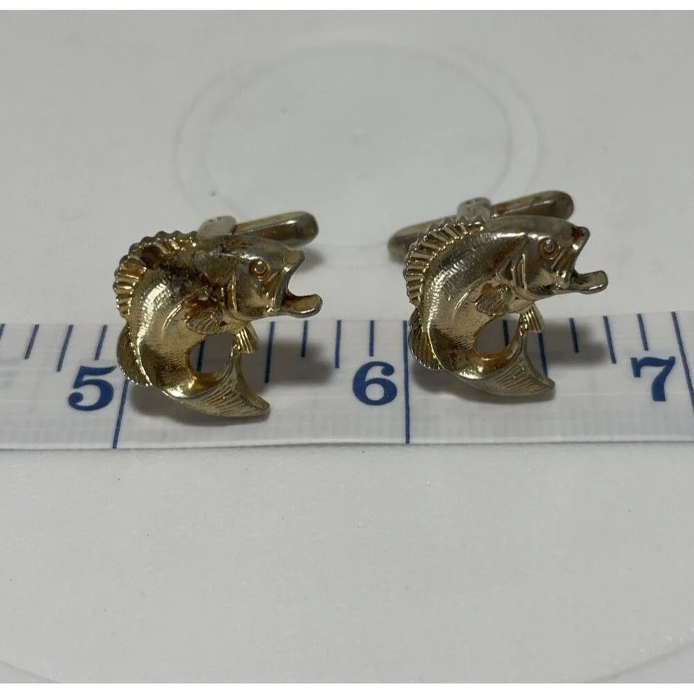 Vintage Goldtone HICKOK Fish Fishing Bass Men's Cuff Links - Picture 6 of 6